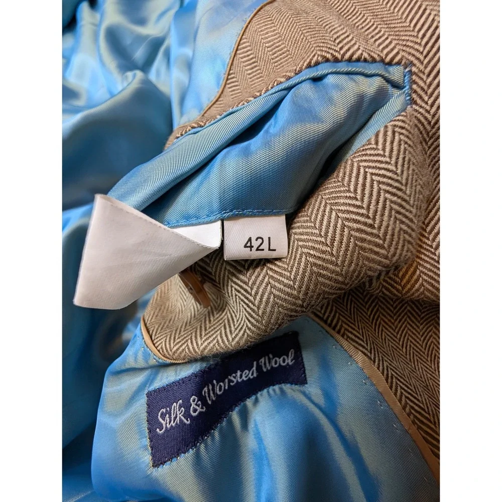 Alan Flusser Sport Coat Mens 42L Tan Silk Worsted Wool Herringbone Blazer Jacket